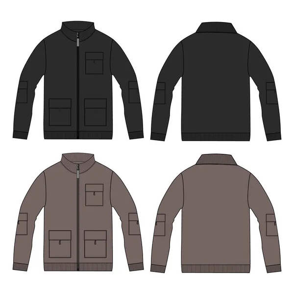 Long Sleeve Jacket Pocket Zipper Technical Fashion Flat Sketch Vector — Stock Vector