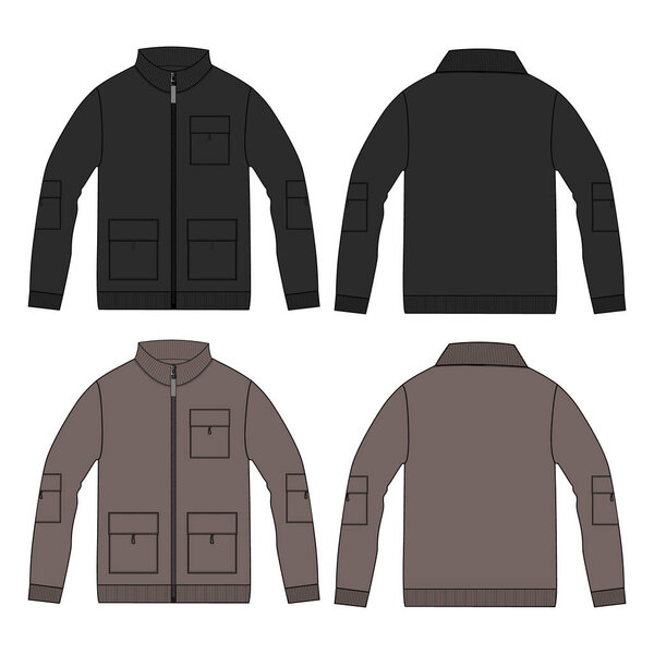 Длинный рукав куртка с карманом и молния техническая мода плоский эскиз векторный шаблон иллюстрации фронт, вид сзади