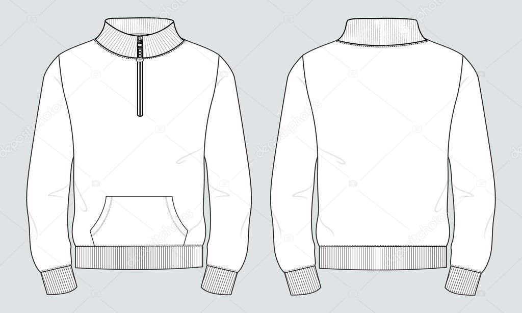 Long Sleeve with Stand Up Collar fleece jersey sweatshirt Jacket Technical Fashion flat sketch Vector illustration template Front and back views.