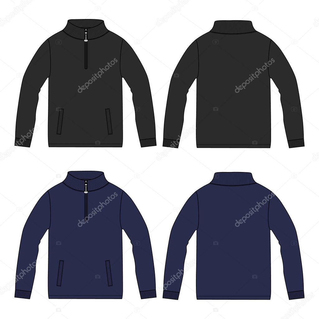 Long Sleeve with Stand Up Collar fleece jersey sweatshirt Jacket Technical Fashion flat sketch Vector illustration template Front and back views.
