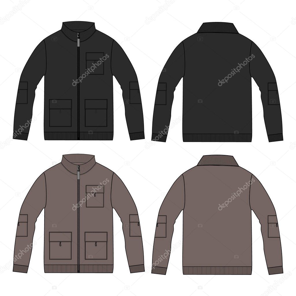 Long sleeve jacket with pocket and zipper technical fashion flat sketch vector illustration template front, back views