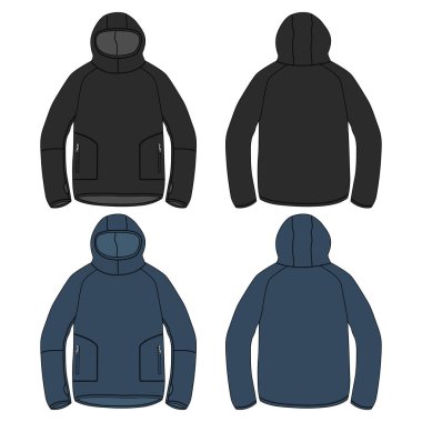 Kapüşonlu Teknik taslak çizim vektör çizimi şablonu Ön ve Arka Görünüm