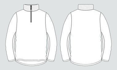 Stand Up Collar fleece sweatshirt 'lü Uzun Kol Ceket Teknik Taslak Çizim Vektör çizim şablonu Ön ve arka görünüm.