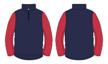 Stand Up Collar fleece sweatshirt 'lü Uzun Kol Ceket Teknik Taslak Çizim Vektör çizim şablonu Ön ve arka görünüm.
