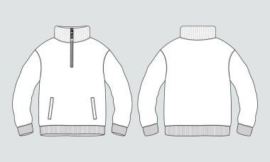 Stand Up Collar fleece sweatshirt 'lü Uzun Kol Ceket Teknik Taslak Çizim Vektör çizim şablonu Ön ve arka görünüm.