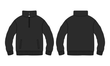Stand Up Collar fleece sweatshirt 'lü Uzun Kol Ceket Teknik Taslak Çizim Vektör çizim şablonu Ön ve arka görünüm.