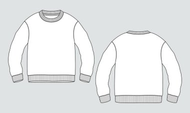 Erkekler için yuvarlak boyunlu uzun kollu kazak düz moda çizimler teknik çizim vektör şablonu. Kıyafet tasarımı, CAD çizimi. Gri renkte süveter tasarımı.