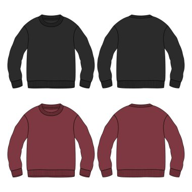 Raglan Kısa kollu tişört Teknik Moda düz çizim vektör çizimi Siyah, Kırmızı Renkli şablon ön ve arka görünüm. Giysi Tasarımı Cad 'i Uygula.