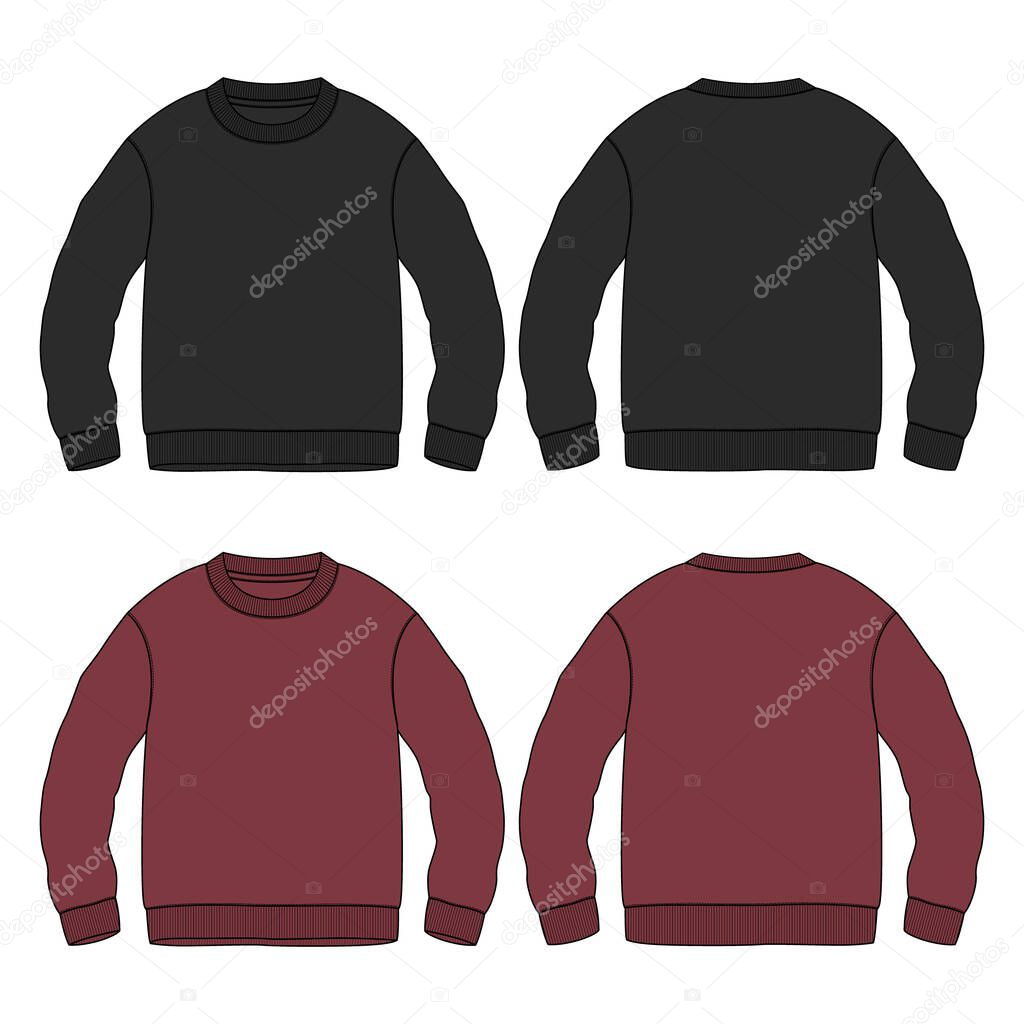 Raglan Short sleeve T shirt Technical Fashion flat sketch vector illustration Black, Red Color template front and back views. Apparel Design Mock up Cad.