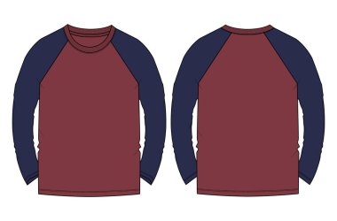 İki ton uzun kollu tişört, genel olarak teknik taslak, vektör ilüstrasyon şablonu, beyaz üzerine izole edilmiş ön ve arka görüş. Temel Giyim Tasarımı Erkekler İçin Model Yap