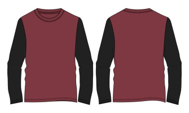 İki ton uzun kollu tişört, genel olarak teknik taslak, vektör ilüstrasyon şablonu, beyaz üzerine izole edilmiş ön ve arka görüş. Temel Giyim Tasarımı Erkekler İçin Model Yap