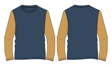 İki ton uzun kollu tişört, genel olarak teknik taslak, vektör ilüstrasyon şablonu, beyaz üzerine izole edilmiş ön ve arka görüş. Temel Giyim Tasarımı Erkekler İçin Model Yap