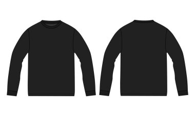 Yuvarlak boyunlu uzun kollu kazak, modaya uygun düz çizimler teknik çizimler, erkekler için vektör şablonu. Süveter moda tasarımı beyazda izole.