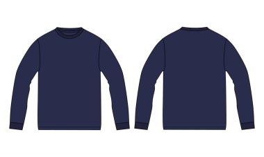 Yuvarlak boyunlu uzun kollu kazak, modaya uygun düz çizimler teknik çizimler, erkekler için vektör şablonu. Süveter moda tasarımı beyazda izole.