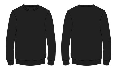 Yuvarlak boyunlu uzun kollu kazak, modaya uygun düz çizimler teknik çizimler, erkekler için vektör şablonu. Süveter moda tasarımı beyazda izole.