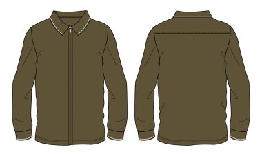 Uzun kollu fermuarlı kazak genel olarak teknik model düz taslak vektör çizim şablonu ön ve arka görünüm.