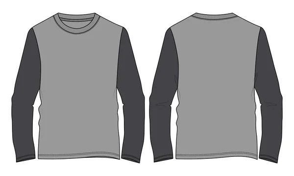 2トーンロングスリーブ Tシャツ 全体的な技術的なファッションフラットスケッチ ベクトルイラストテンプレート フロントとバックビューは白に隔離された メンズのための基本的なアパレルデザインのモックアップ — ストックベクタ