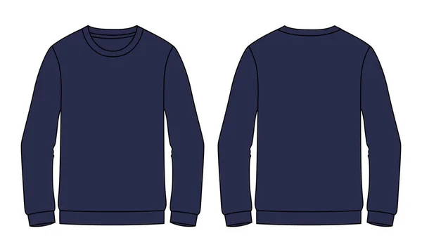 ラウンドネックロングスリーブスウェットシャツ 全体的なファッションフラットスケッチ技術的な図面 ベクトルテンプレート男性用 白に隔離されたセーターファッションデザイン — ストックベクタ