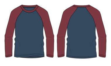 İki ton kırmızı ve denizci rengi Raglan Uzun kollu tişört. Ön ve arka görüntüler beyaz arka planda izole edilmiş. Giysi Tasarımı Model 