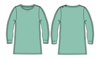 Uzun kollu bayanlar teknik moda illüstrasyonu. Düz giysi şablonu ön ve arka görünüm. 