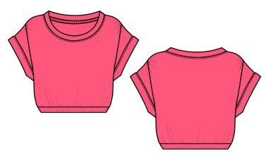 Ladies Tops Moda Elbisesi Tasarımı Teknik çizim vektör şablonu Ön ve Arka Görünüm. Modern stil kıyafet modeli..