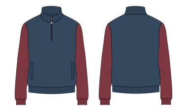 Uzun kollu ve kısa tüylü ceket. Teknik modanın tamamı düz taslak. Vektör illüstrasyon şablonu Ön, arka görünüm.. 