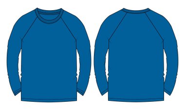 Uzun kollu Temel Tişört genel olarak teknik taslak düz taslak vektör Illustration şablonu ön ve arka görünüm. Temel giyim tasarımı. Çocuklar, erkekler ve erkekler için..