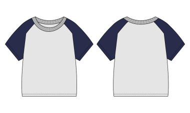 Temel tişört, genel olarak teknik moda düz çizim şablonu. Vektör illüstrasyon Önü ve Arkası Görünümü.
