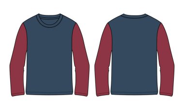 İki ton uzun kollu tişört, genel olarak teknik taslak, vektör ilüstrasyon şablonu, beyaz üzerine izole edilmiş ön ve arka görüş. Temel Giyim Tasarımı Erkekler İçin Model Yap