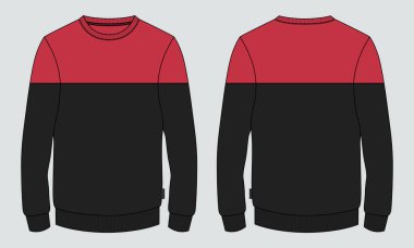 İki ton kesim ve dikiş kırmızı ve açık gri ince boyun yuvarlak uzun kollu sweatshirt, teknik moda çizimleri erkeklerin çizim şablonu.