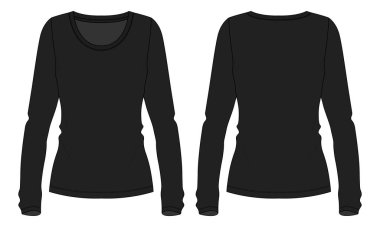 İnce, uzun kollu tişört bayanlar için genel teknik moda düz taslak şablonu, ön ve arka görünüm.
