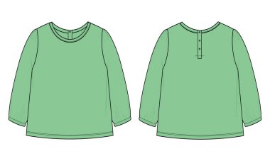 Bebek kız giyim tasarımı Mock up. Teknik moda, düz çizim vektör illüstrasyonu, beyaz arkaplanda izole edilmiş şablon ön ve arka görüntüler.