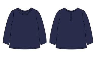 Bebek kız giyim tasarımı Mock up. Teknik moda, düz çizim vektör illüstrasyonu, beyaz arkaplanda izole edilmiş şablon ön ve arka görüntüler.