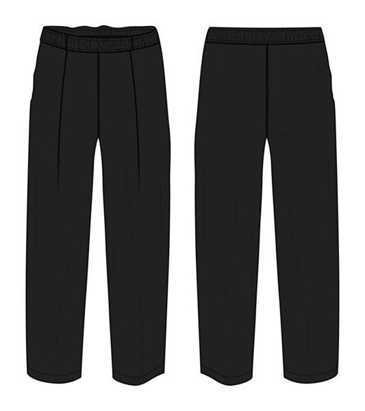 Pants technical fashion flat sketch vector illustration with mid calf length, normal waist. Front and back views. 