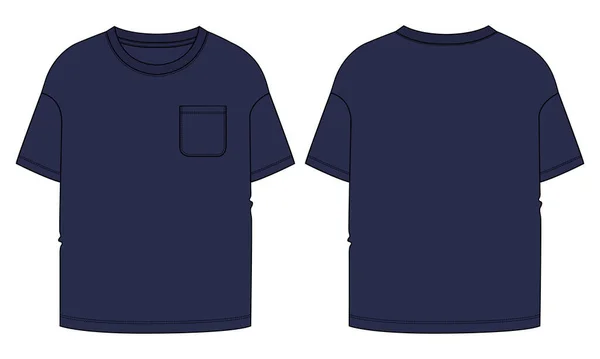 短袖T恤衫 带有口袋整体技术时尚平面草图矢量图解模板前 后视图 — 图库矢量图片