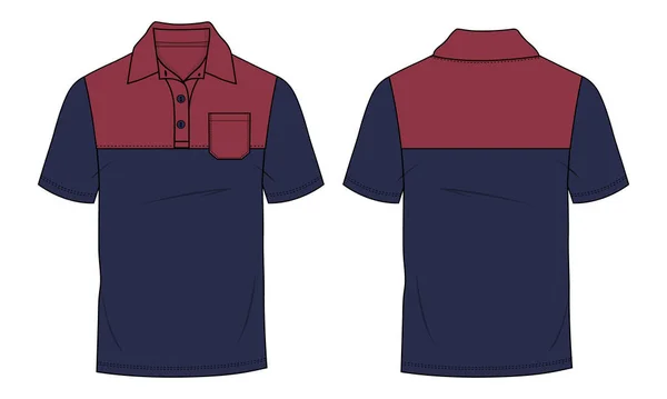 Zweifarbiges Kurzarm Poloshirt Mit Tasche Vorder Und Rückansichten — Stockvektor