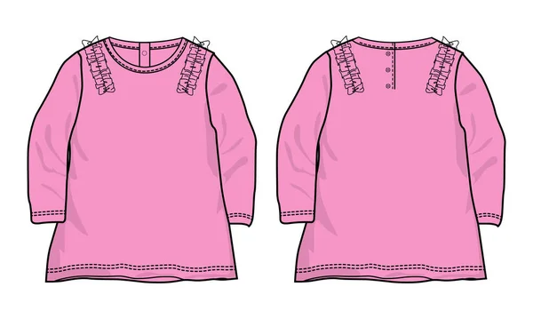 赤ちゃんの女の子のための長袖ドレスデザインベクトルテンプレート 正面と背面の景色 — ストックベクタ
