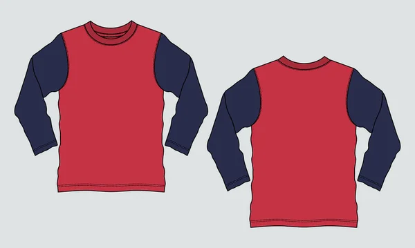 双色调海军和红色长袖T恤基本T恤技术时尚平面草图矢量画板前 背景色 服装设计模型化绘图说明 容易编辑和定制 — 图库矢量图片