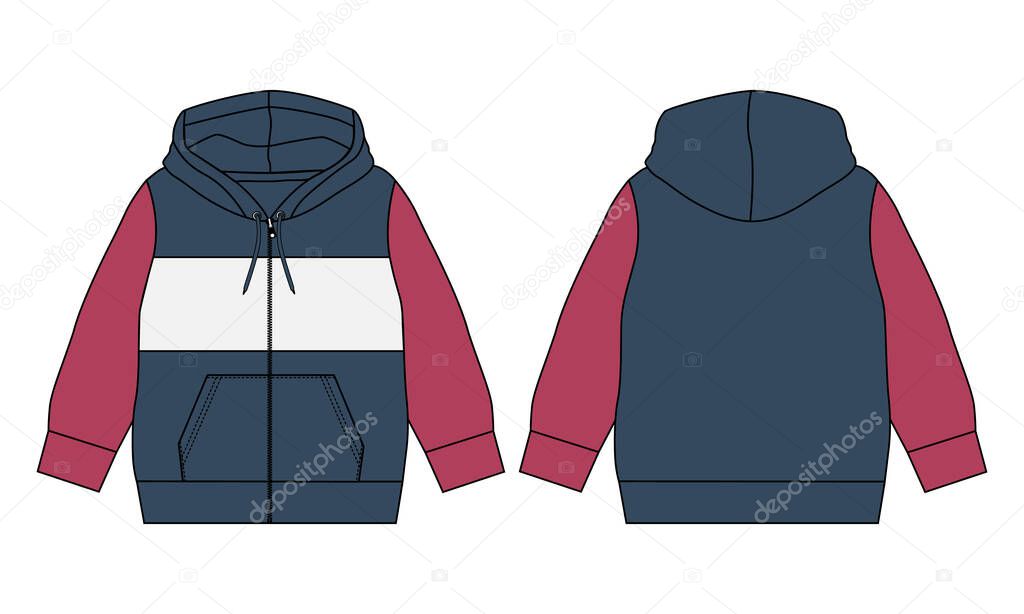Long sleeve hoodie With zipper and pocket Technical fashion flat sketch vector illustration template Front and back views.