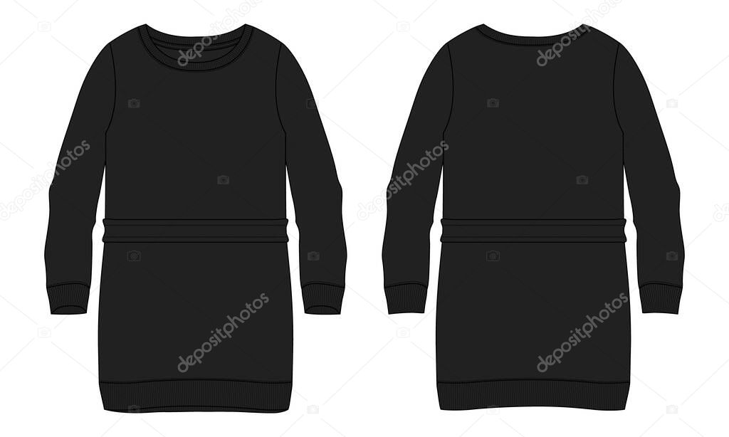 Women's long Oversize Cotton fleece jersey Sweater technical Flat sketch vector illustration template. Front and back views Isolated on white Background. 