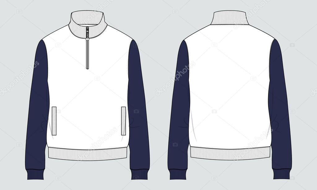 Long sleeve with Short zip fleece jacket overall technical fashion Flat sketch Vector illustration template Front, back views. 