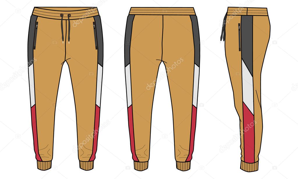 Fleece fabric Jogger Sweatpants technical fashion flat sketch vector illustration template front, back and side views isolated on white background.
