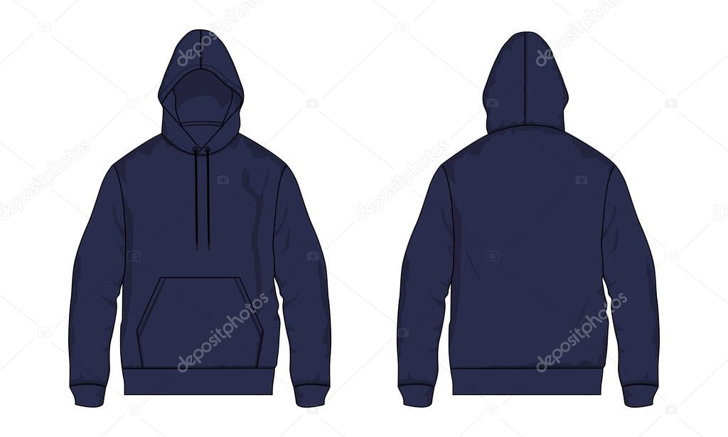 Long sleeve hoodie, fashion template. Front and back views. 