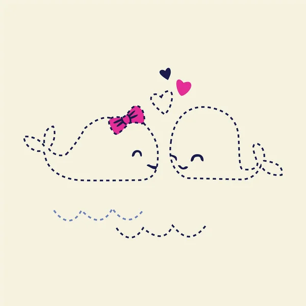 Cute Cartoon Baby Girl Whale Boy Whale Love — Stock Vector