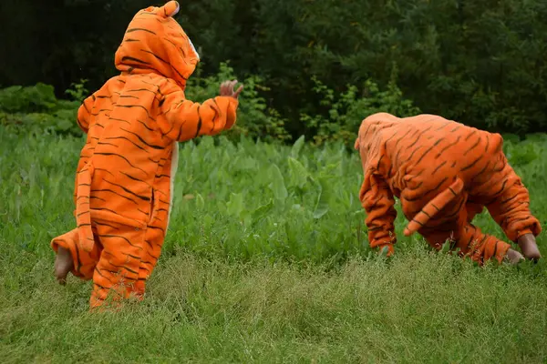 Çocuklar kaplan kostümü içinde koşuyor, dikiz aynası, arka plan fotoğrafı, yeni yılda reklam için.