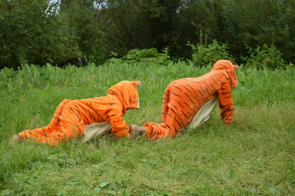 2022 yılında kaplan çayırında kaplan kostümlü çocuklar, takvim için iki kaplan yavrusu, defter için bir not defteri, yazı için bir yer, çayırdaki kaplanlar.