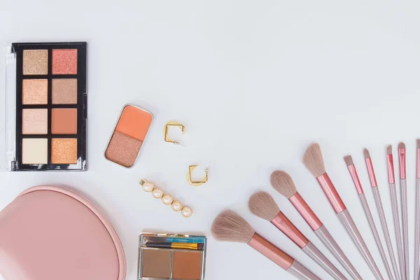 Flat Lay Composition Makeup Cosmetics White Background — Foto Stock