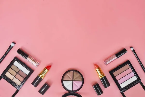 Flat Lay Composition Makeup Cosmetic Pink Background — Foto Stock