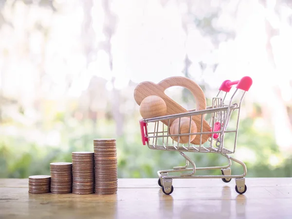 Wooden Toy Car Shopping Cart Stack Coins Saving Money Buy — Stock Photo, Image