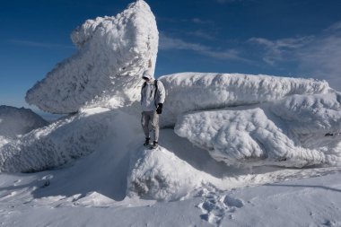 Yürüyüşçü kadın dikilip dijital aynasız kamera kullanarak fotoğraf çekiyor. Kış manzarasına hayran kalıyor. Kışın mutlu turist kadın. High Tatras, 1987 'de deniz seviyesinden yüksekmiş. Polonya, Slovakya